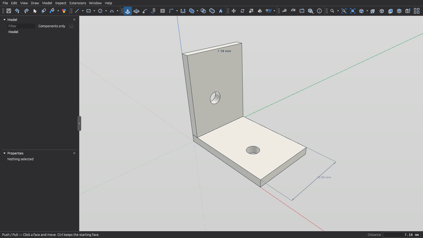 Xtrude CAD window: an angle bracket with two holes being pulled with Push/Pull, a 7.18 mm distance shown on the face and in the value box at the bottom right