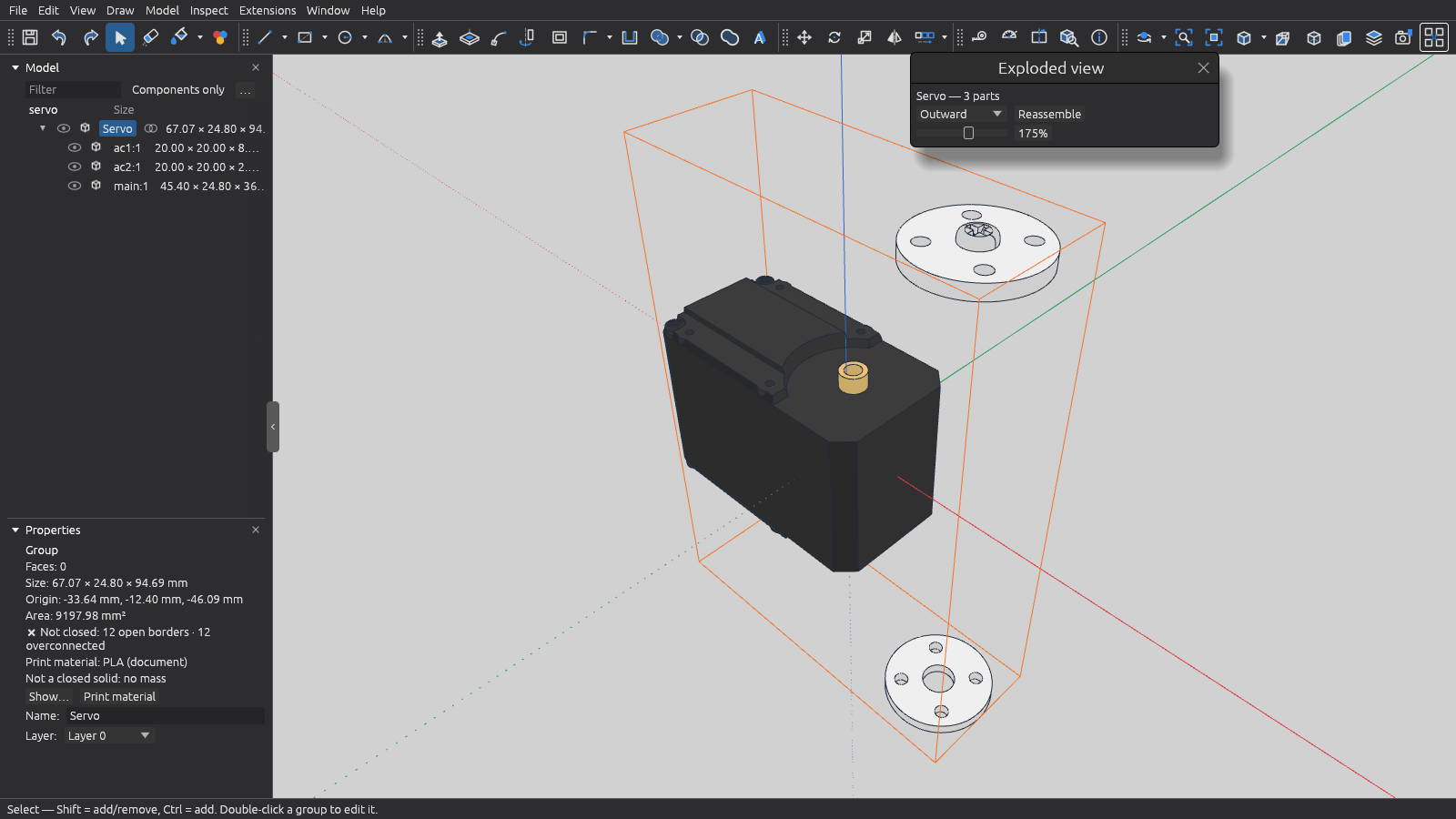 Xtrude CAD window: a servo imported from STEP, its body and two horns pulled apart, with the Model panel listing each part's name and size